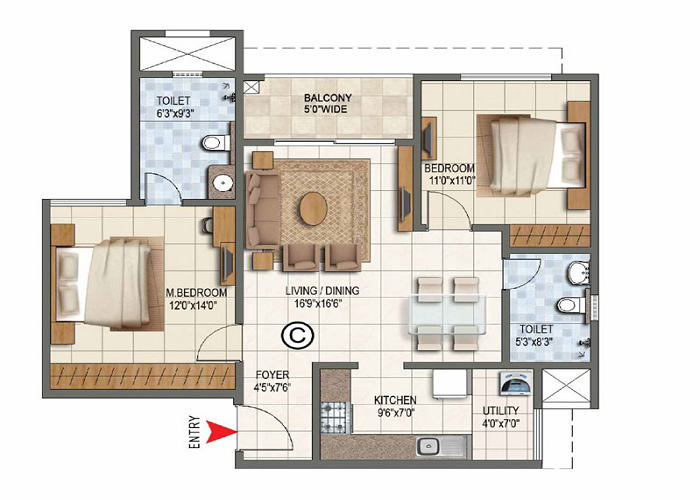 Prestige Kings County 2 BHK Floor Plan