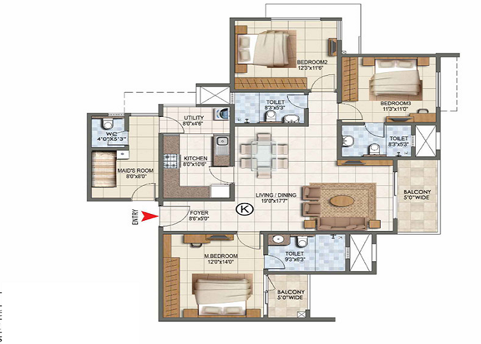 Prestige Kings County 3 BHK Floor Plan